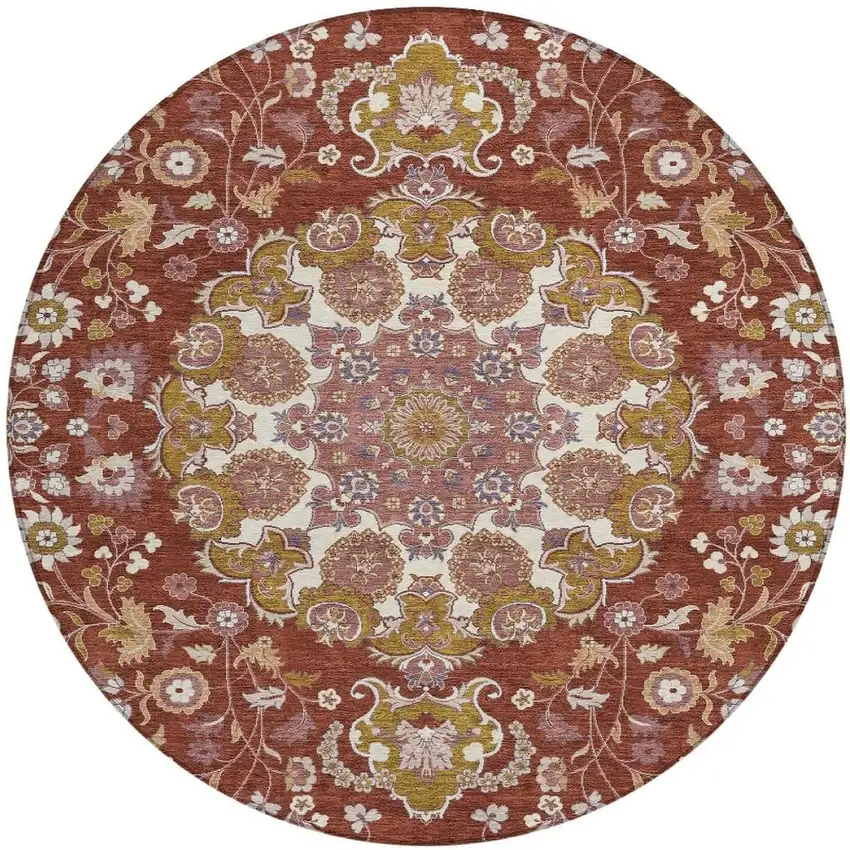 8' Burgundy And Red Round Damask Washable Indoor Outdoor Area Rug Photo 2