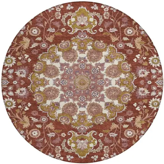 8' Burgundy And Red Round Damask Washable Indoor Outdoor Area Rug Photo 2