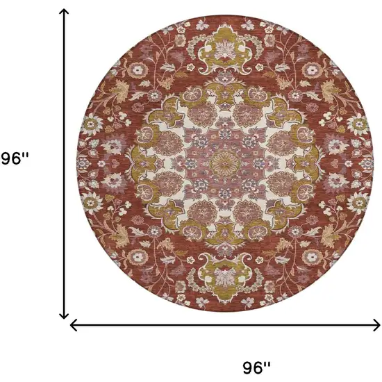8' Burgundy And Red Round Damask Washable Indoor Outdoor Area Rug Photo 6