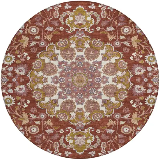 8' Burgundy And Red Round Damask Washable Indoor Outdoor Area Rug Photo 1