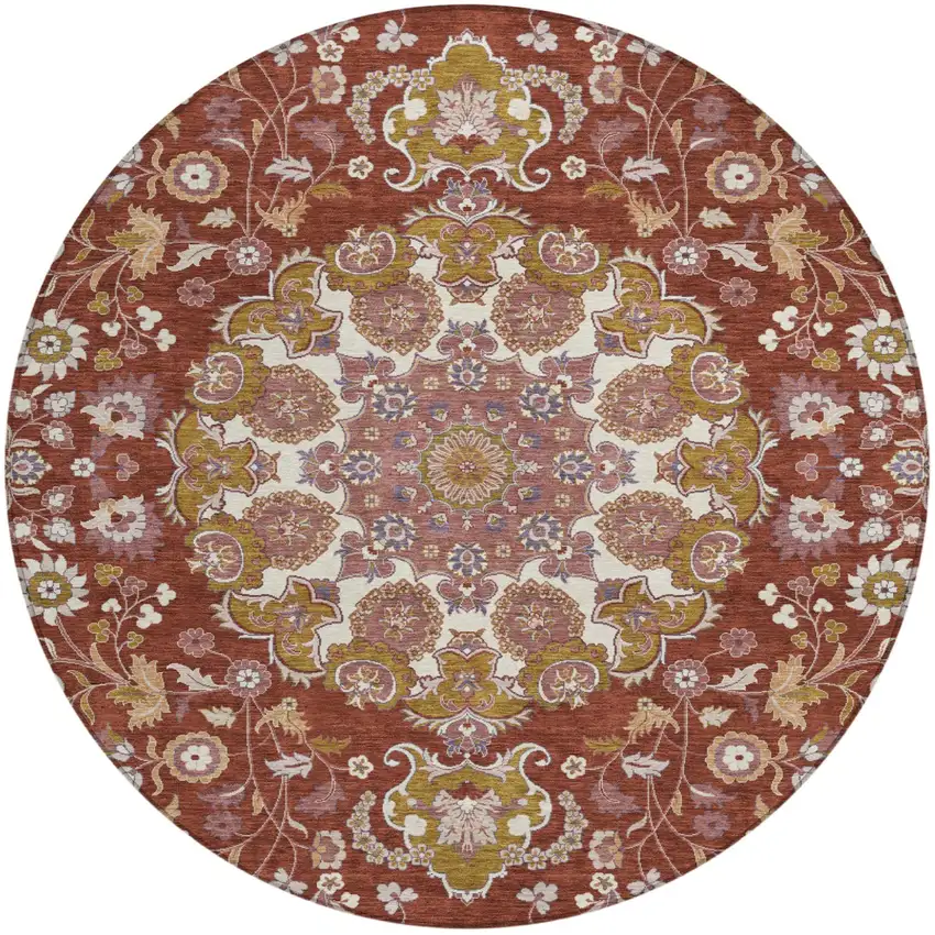 8' Burgundy And Red Round Damask Washable Indoor Outdoor Area Rug Photo 1