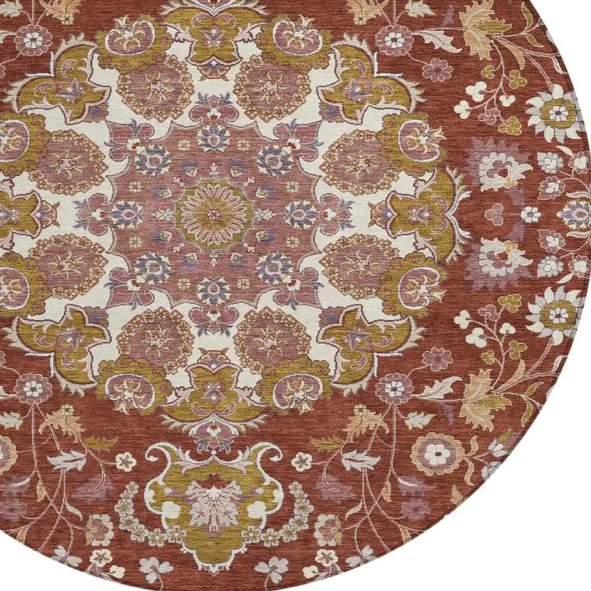 8' Burgundy And Red Round Damask Washable Indoor Outdoor Area Rug Photo 3