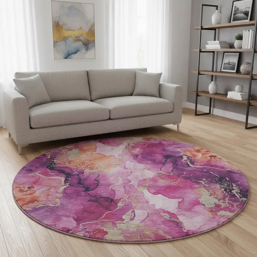 8' Burgundy And Salmon Abstract Washable Round Rug With UV Protection Photo 2