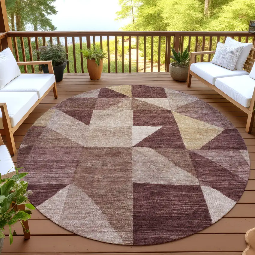 8' Burgundy And Wheat Round Geometric Washable Indoor Outdoor Area Rug Photo 4
