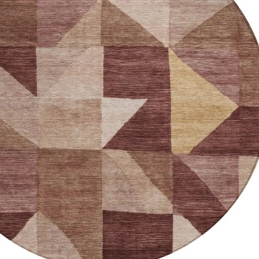 8' Burgundy And Wheat Round Geometric Washable Indoor Outdoor Area Rug Photo 2