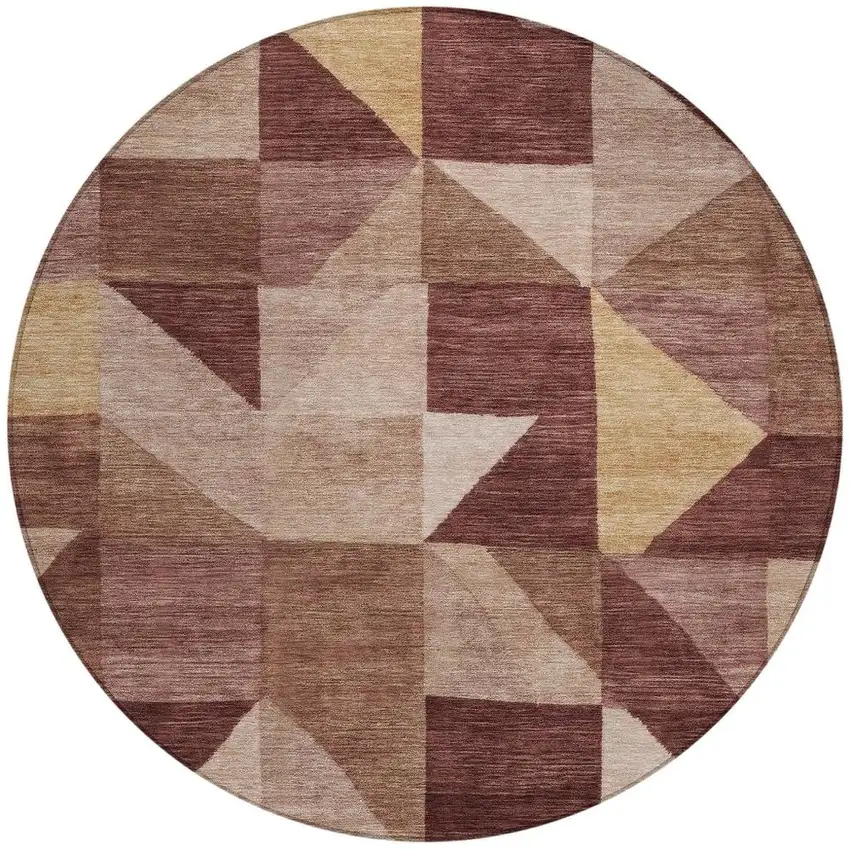8' Burgundy And Wheat Round Geometric Washable Indoor Outdoor Area Rug Photo 3