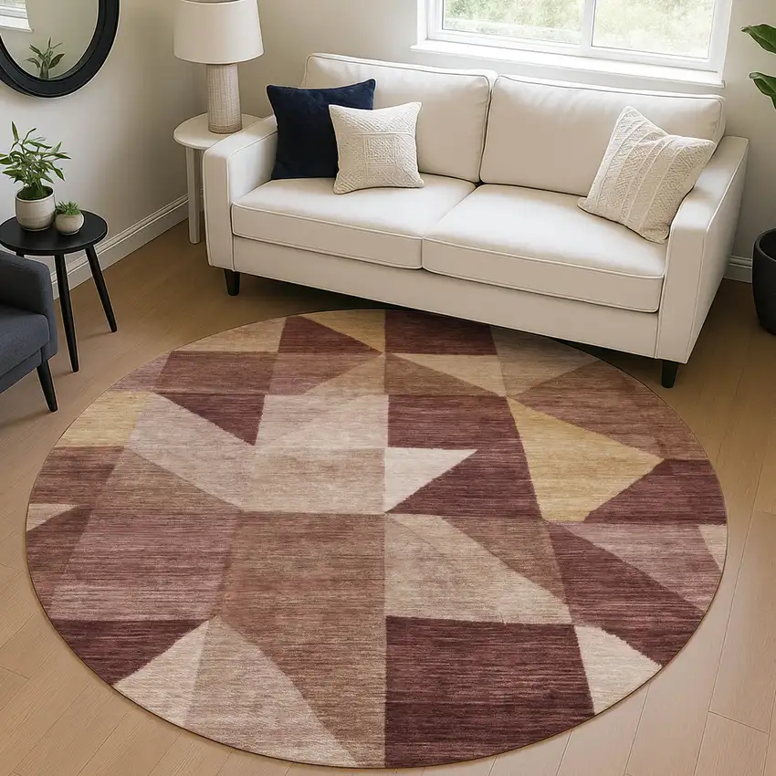 8' Burgundy And Wheat Round Geometric Washable Indoor Outdoor Area Rug Photo 5