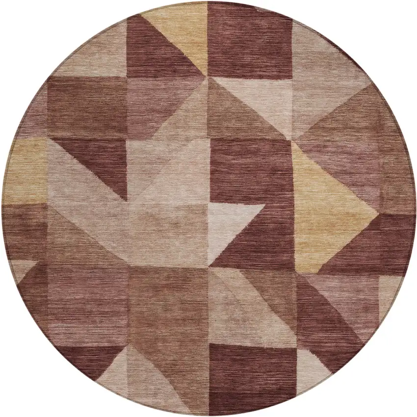 8' Burgundy And Wheat Round Geometric Washable Indoor Outdoor Area Rug Photo 1