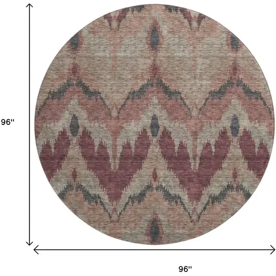 8' Burgundy Beige And Charcoal Ikat Washable Round Rug With UV Protection Photo 9