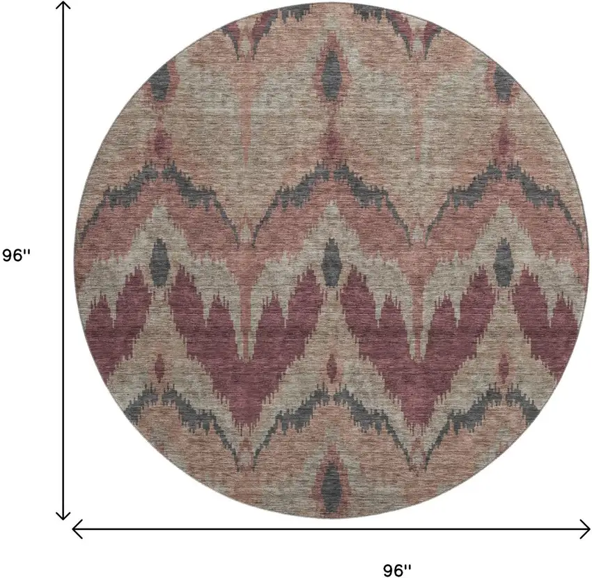 8' Burgundy Beige And Charcoal Ikat Washable Round Rug With UV Protection Photo 9