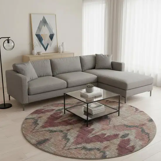 8' Burgundy Beige And Charcoal Ikat Washable Round Rug With UV Protection Photo 2