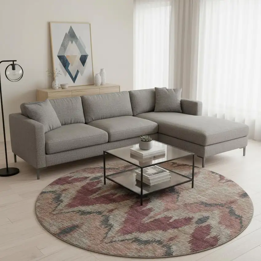 8' Burgundy Beige And Charcoal Ikat Washable Round Rug With UV Protection Photo 2