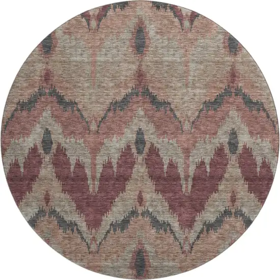 8' Burgundy Beige And Charcoal Ikat Washable Round Rug With UV Protection Photo 1