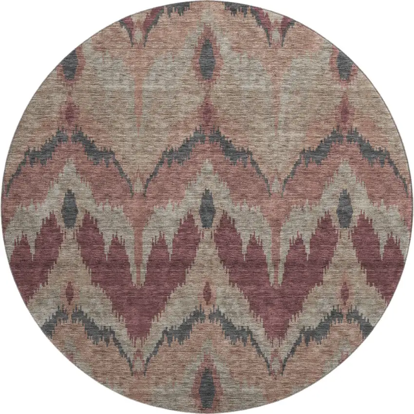 8' Burgundy Beige And Charcoal Ikat Washable Round Rug With UV Protection Photo 1