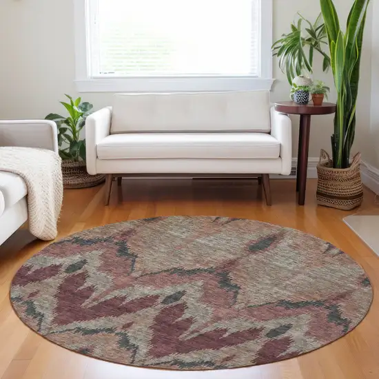 8' Burgundy Beige And Charcoal Ikat Washable Round Rug With UV Protection Photo 4