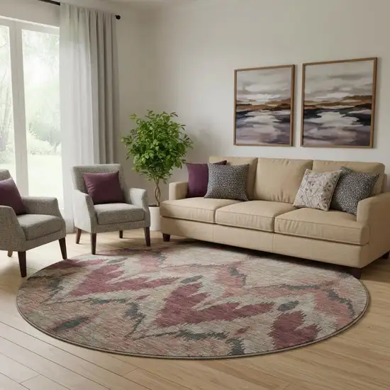8' Burgundy Beige And Charcoal Ikat Washable Round Rug With UV Protection Photo 1