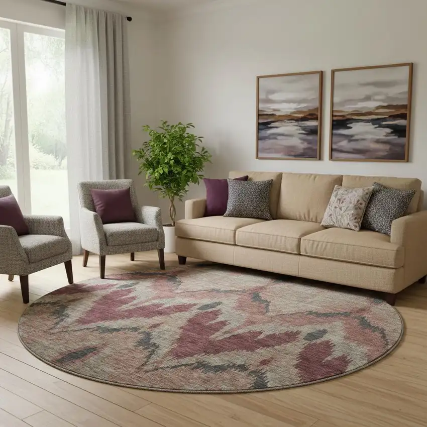 8' Burgundy Beige And Charcoal Ikat Washable Round Rug With UV Protection Photo 1