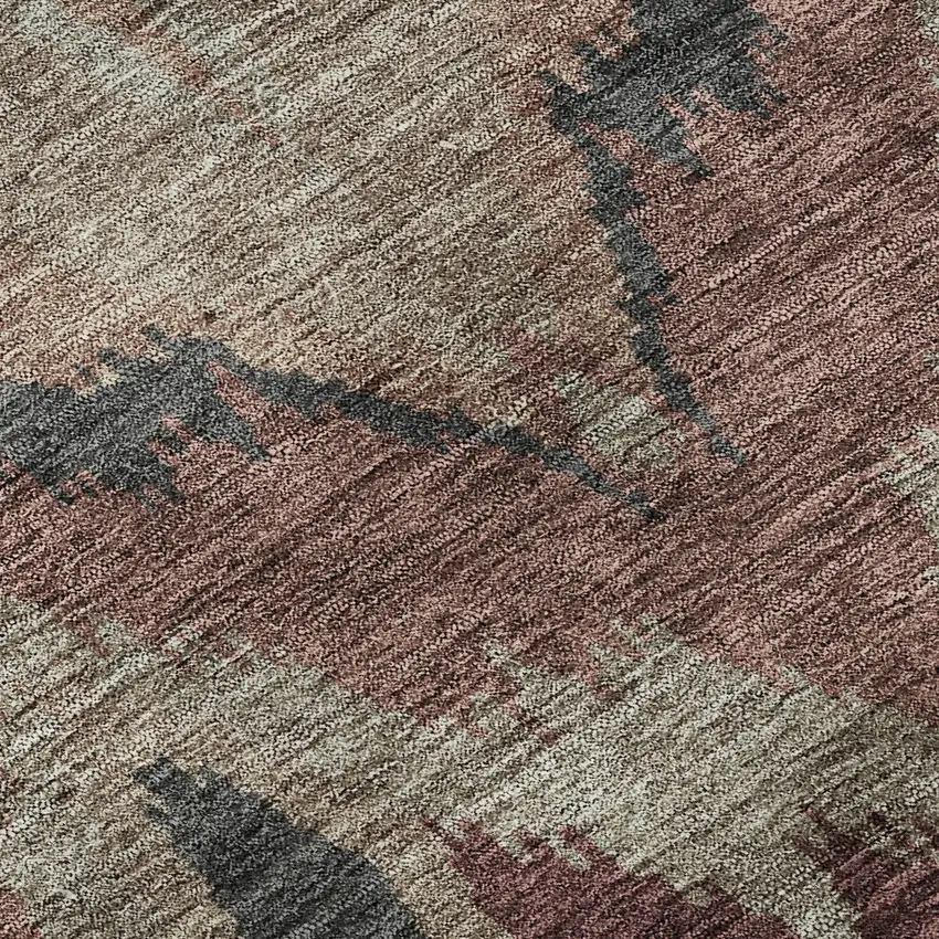 8' Burgundy Beige And Charcoal Ikat Washable Round Rug With UV Protection Photo 8