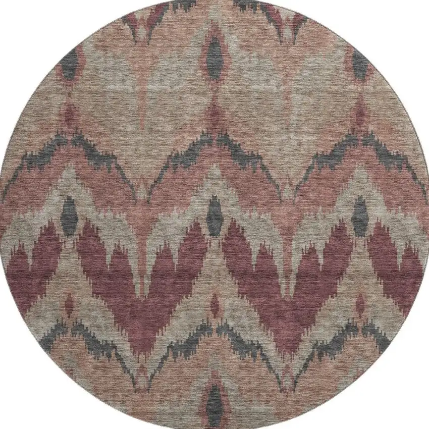 8' Burgundy Beige And Charcoal Ikat Washable Round Rug With UV Protection Photo 3