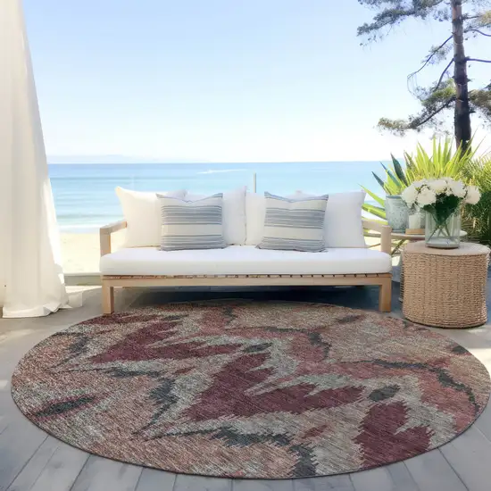 8' Burgundy Beige And Charcoal Round Ikat Washable Indoor Outdoor Area Rug Photo 7