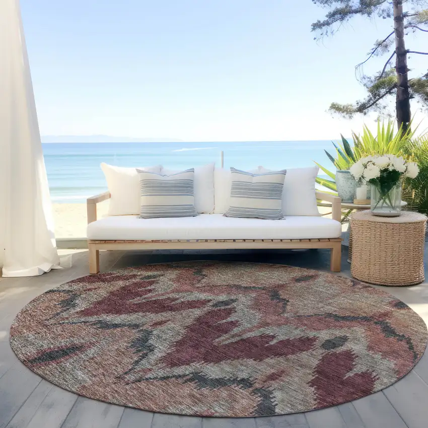 8' Burgundy Beige And Charcoal Round Ikat Washable Indoor Outdoor Area Rug Photo 7