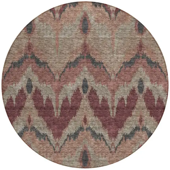 8' Burgundy Beige And Charcoal Round Ikat Washable Indoor Outdoor Area Rug Photo 6
