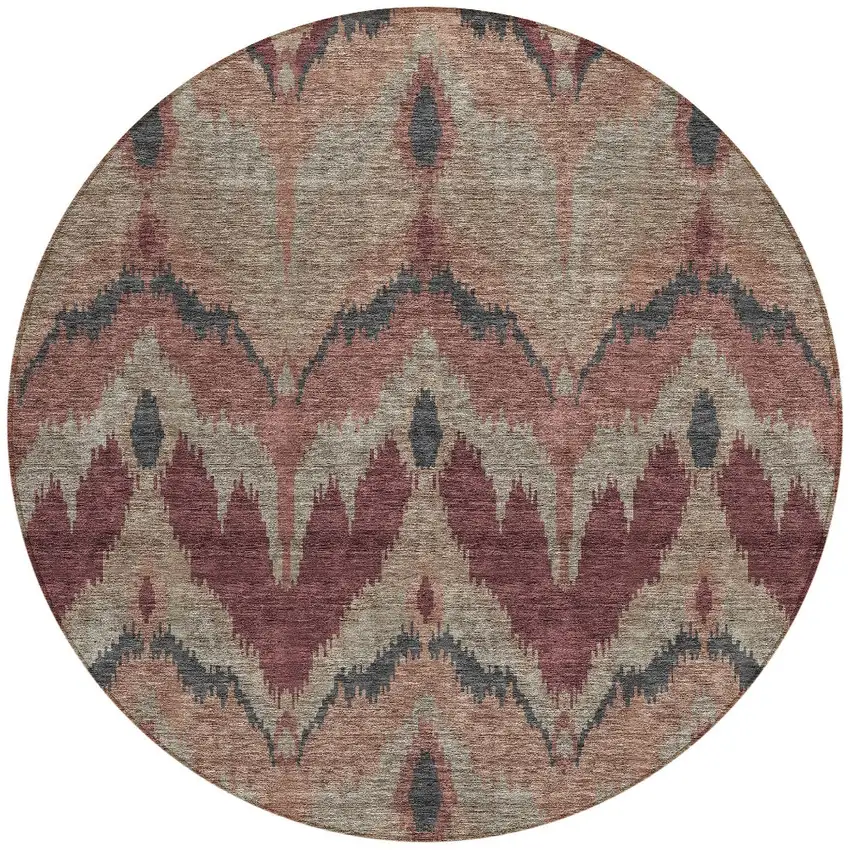 8' Burgundy Beige And Charcoal Round Ikat Washable Indoor Outdoor Area Rug Photo 6