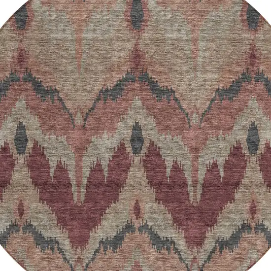 8' Burgundy Beige And Charcoal Round Ikat Washable Indoor Outdoor Area Rug Photo 5