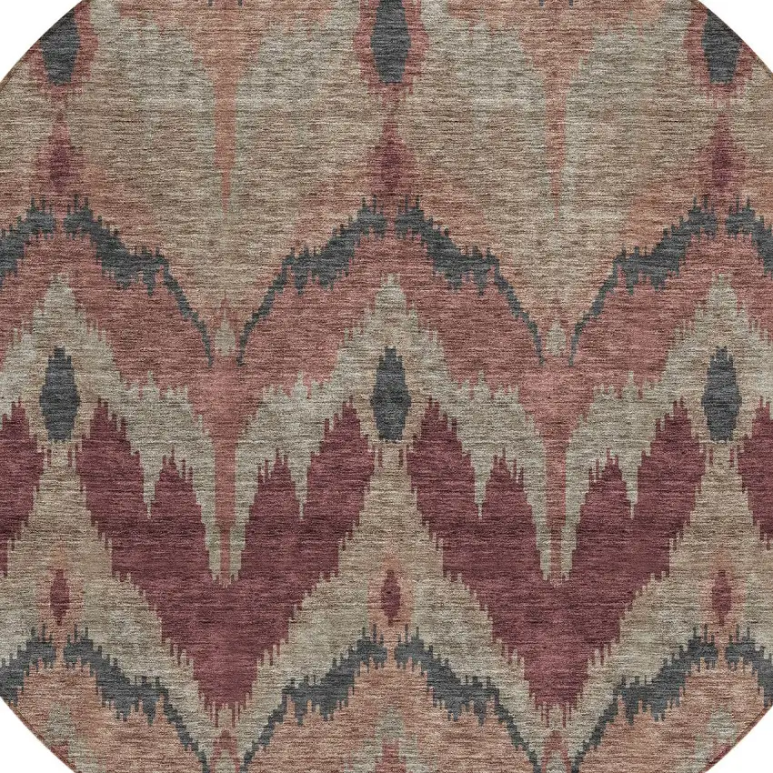 8' Burgundy Beige And Charcoal Round Ikat Washable Indoor Outdoor Area Rug Photo 5