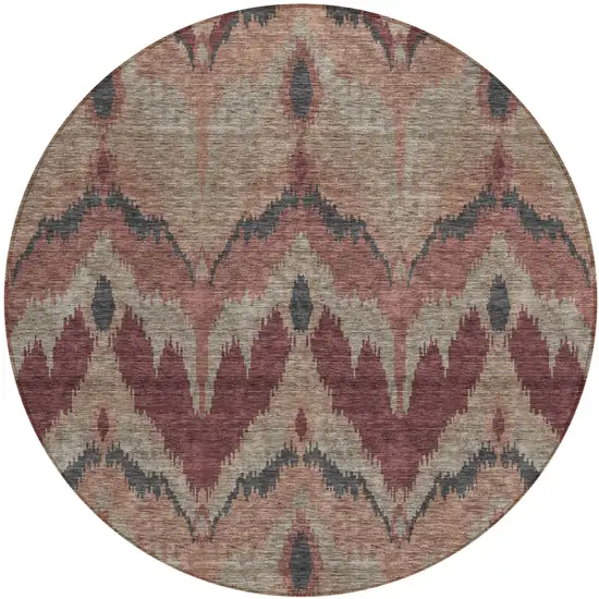 8' Burgundy Beige And Charcoal Round Ikat Washable Indoor Outdoor Area Rug Photo 1