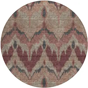 Photo of 8' Burgundy Beige And Charcoal Round Ikat Washable Indoor Outdoor Area Rug