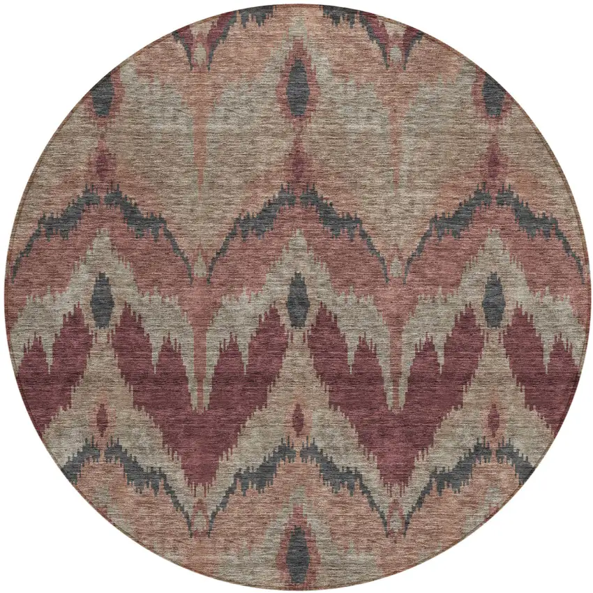 8' Burgundy Beige And Charcoal Round Ikat Washable Indoor Outdoor Area Rug Photo 1