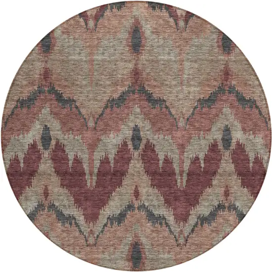 8' Burgundy Beige And Charcoal Round Ikat Washable Indoor Outdoor Area Rug Photo 1