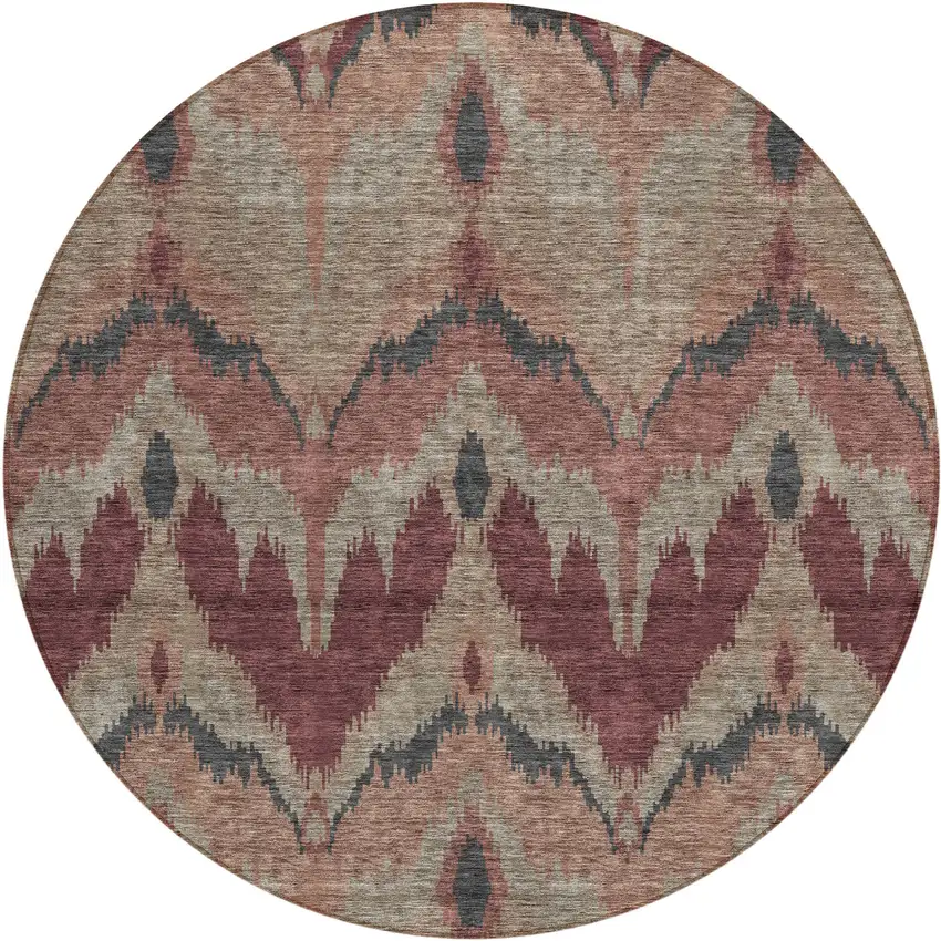 8' Burgundy Beige And Charcoal Round Ikat Washable Indoor Outdoor Area Rug Photo 1