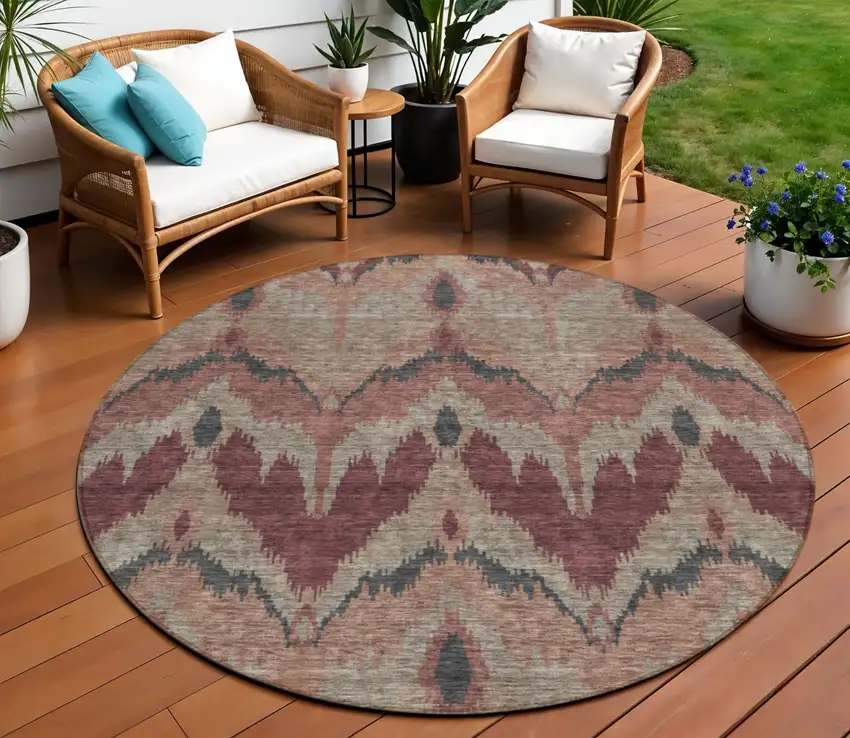 8' Burgundy Beige And Charcoal Round Ikat Washable Indoor Outdoor Area Rug Photo 1
