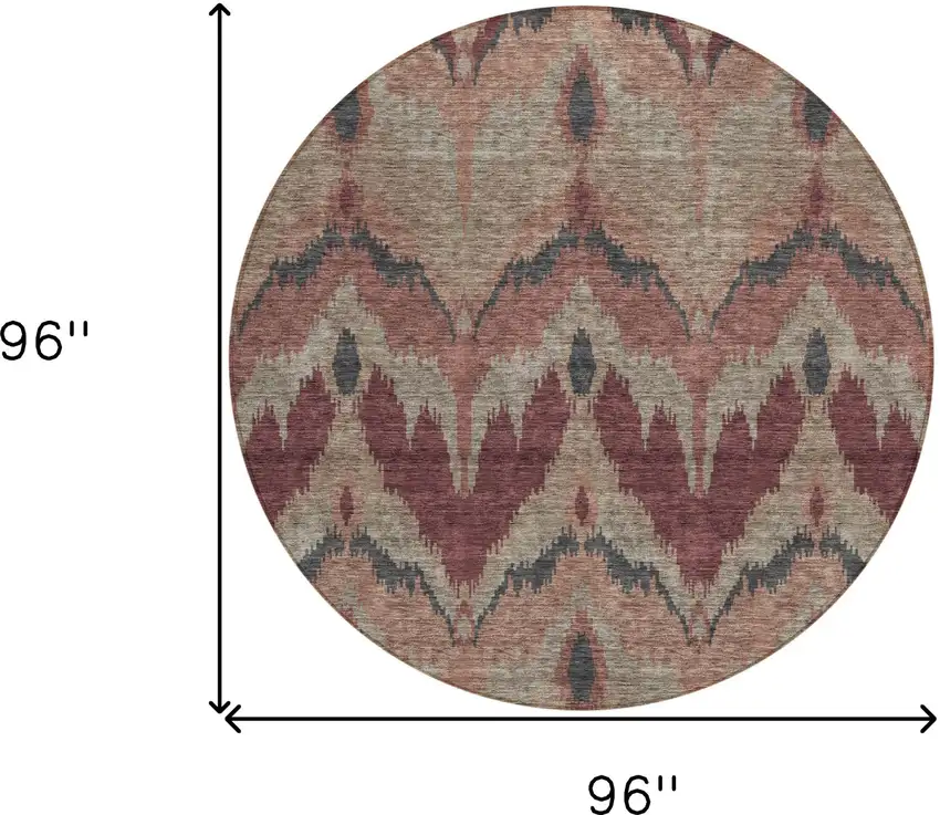 8' Burgundy Beige And Charcoal Round Ikat Washable Indoor Outdoor Area Rug Photo 9