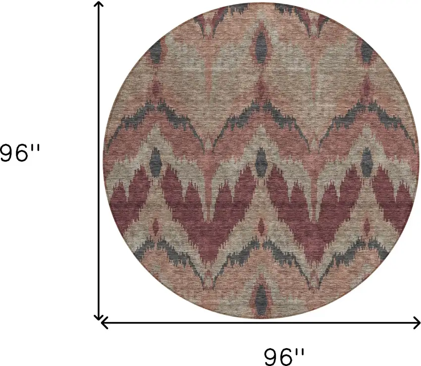 8' Burgundy Beige And Charcoal Round Ikat Washable Indoor Outdoor Area Rug Photo 9