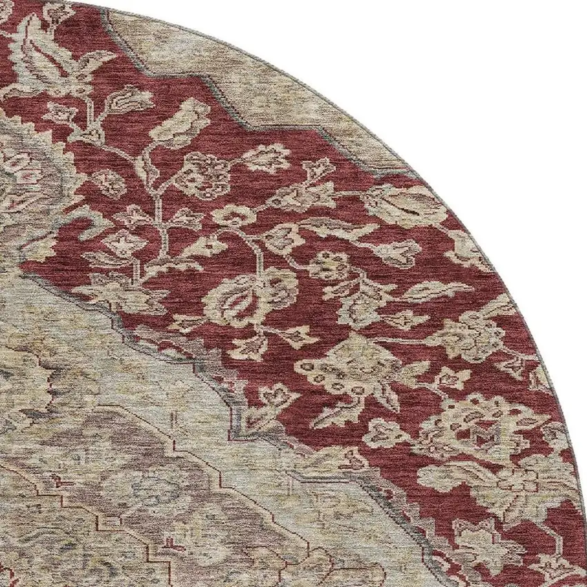 8' Burgundy Beige And Gray Floral Medallion Washable Round Rug With UV Protection Photo 3