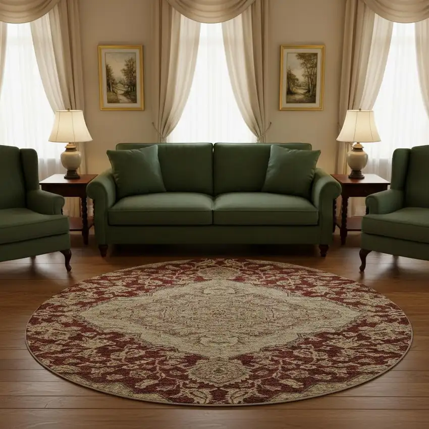 8' Burgundy Beige And Gray Floral Medallion Washable Round Rug With UV Protection Photo 2