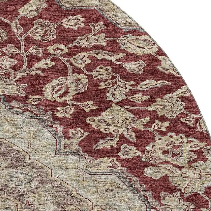 8' Burgundy Beige And Gray Floral Medallion Washable Round Rug With UV Protection Photo 2