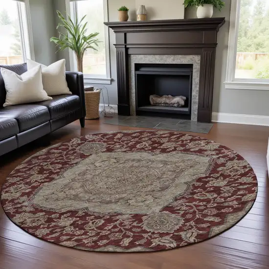 8' Burgundy Beige And Gray Floral Medallion Washable Round Rug With UV Protection Photo 4