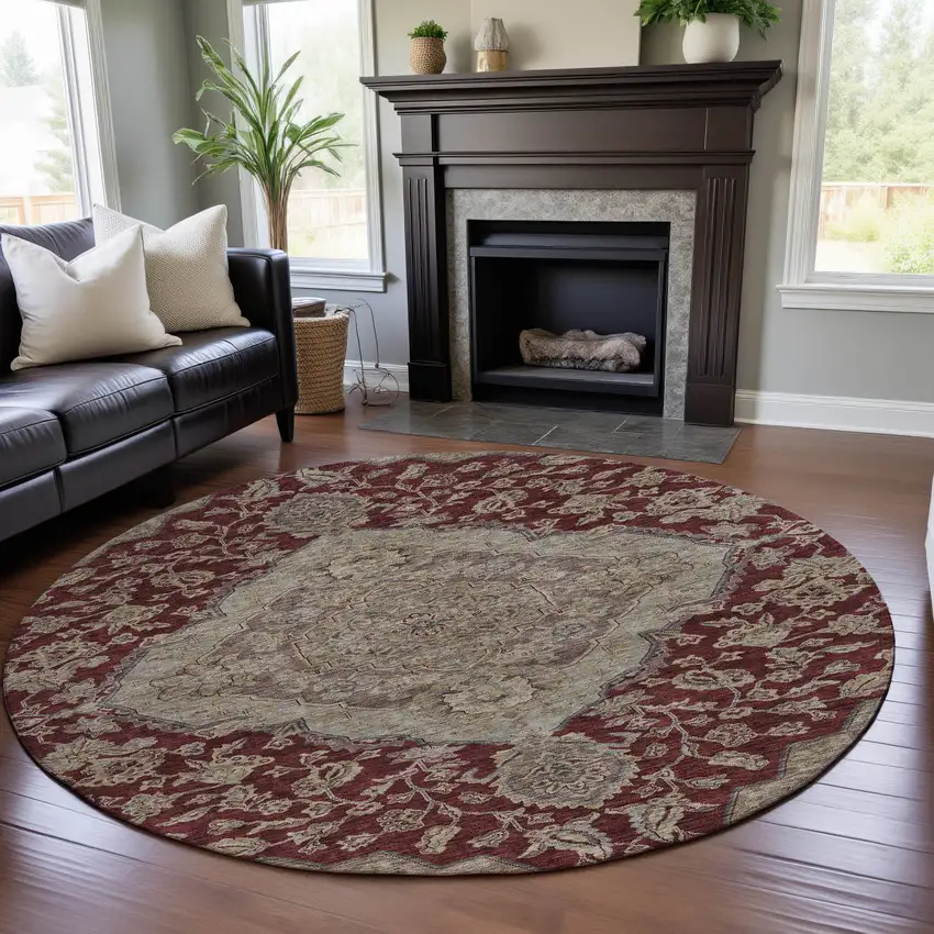 8' Burgundy Beige And Gray Floral Medallion Washable Round Rug With UV Protection Photo 4