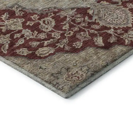 8' Burgundy Beige And Gray Floral Medallion Washable Round Rug With UV Protection Photo 6