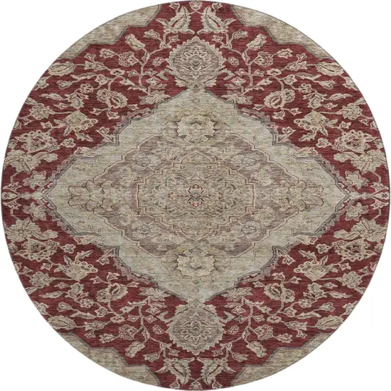 8' Burgundy Beige And Gray Floral Medallion Washable Round Rug With UV Protection Photo 1