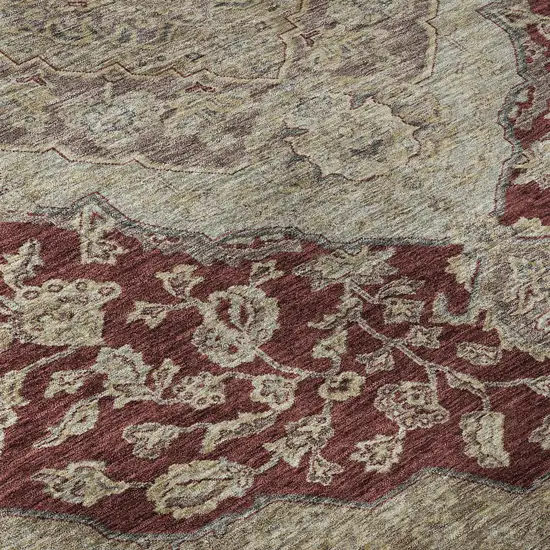 8' Burgundy Beige And Gray Floral Medallion Washable Round Rug With UV Protection Photo 8