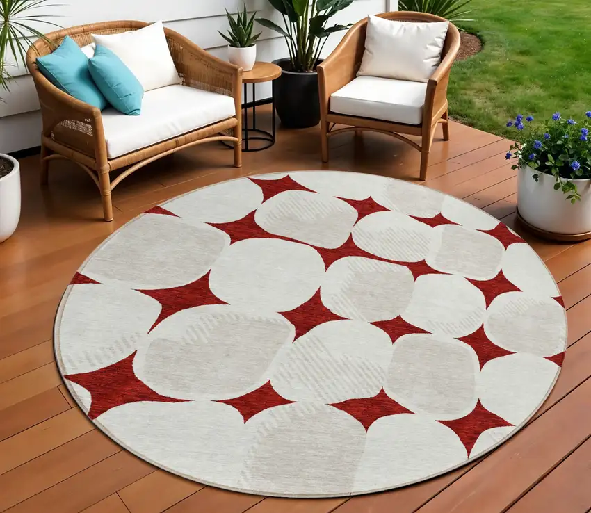 8' Burgundy Beige And Ivory Round Abstract Washable Indoor Outdoor Area Rug Photo 1