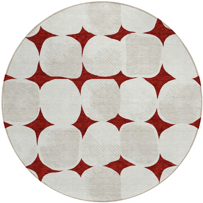 8' Burgundy Beige And Ivory Round Abstract Washable Indoor Outdoor Area Rug Photo 2