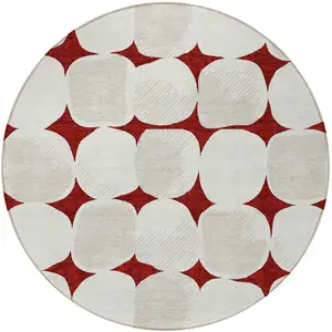 Photo of 8' Burgundy Beige And Ivory Round Abstract Washable Indoor Outdoor Area Rug