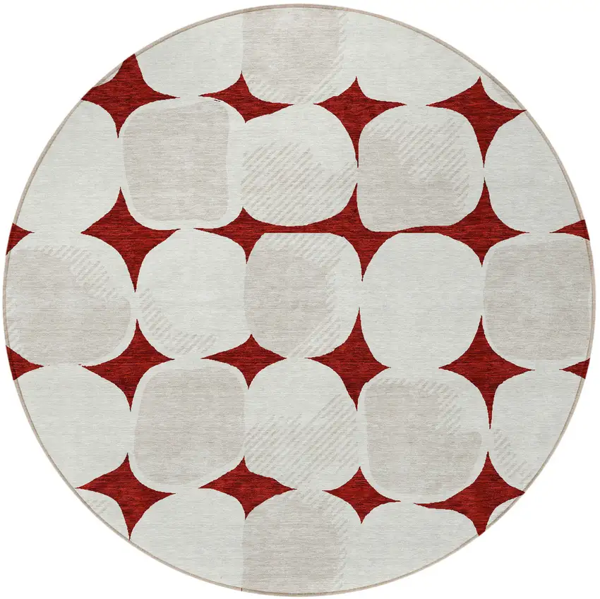 8' Burgundy Beige And Ivory Round Abstract Washable Indoor Outdoor Area Rug Photo 6