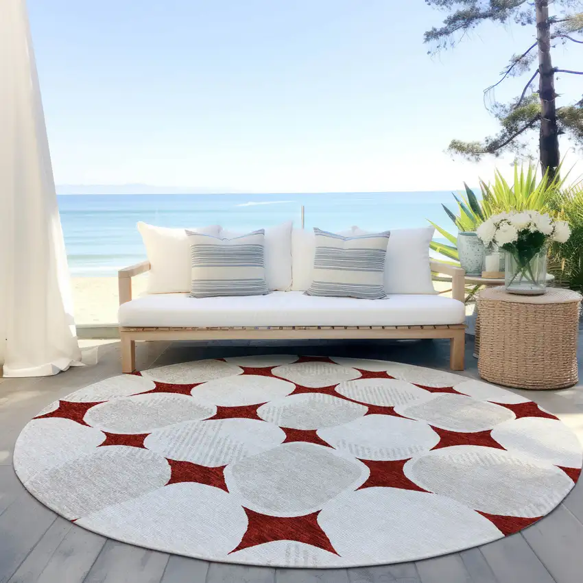 8' Burgundy Beige And Ivory Round Abstract Washable Indoor Outdoor Area Rug Photo 7